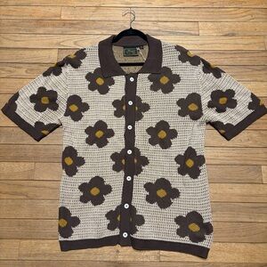 Massive Luxury Floral Knit Crochet Short Sleeve Button-Down Shirt Men’s XL